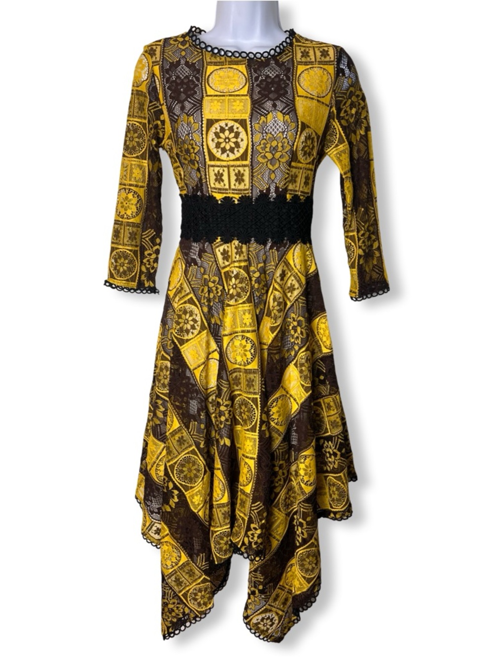 VTG 60s 70s Yellow Brown Lace Overlay Handkerchief Hem‎ Midi Dress Sz S/M